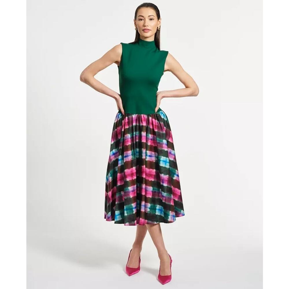 NWT Isaac Mizrahi Ponte Combo High Neck Green Watercolor Tartan Midi Dress SZ L